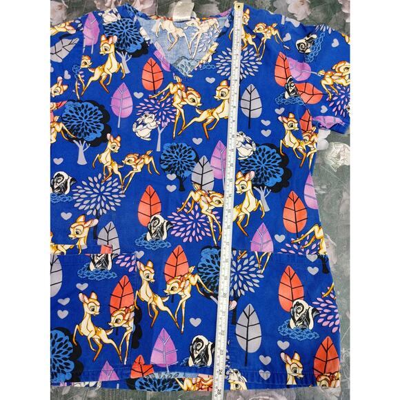Disney Bambi Nurse Scrub Top Short Sleeve V-Neck Pockets Blue Womens Size XS - Picture 6 of 6